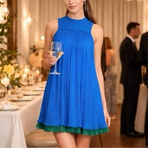 Lisa Perry NYFW 2015 Silk Pleated Runway Dress 2 Blue Green Mod Made in NYC